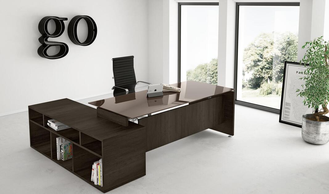 Μοντέρνο γραφείο με γυάλινη επιφάνεια και ραφιέρα σε διαφορα χρώματα GO 06