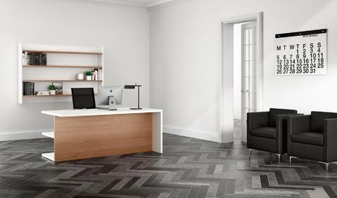 Modern wood-clad office with elegant shelves GO 09