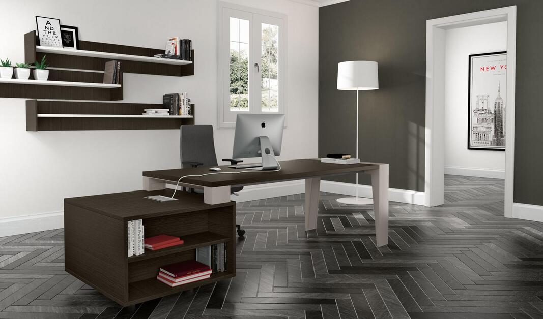 Office design with metal legs and especially wall shelves GO 03